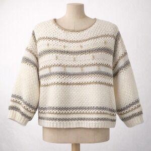 Vtg 80s Beldoch Popper Cream Metallic Gold Striped Knit Sweater M Preppy Granny